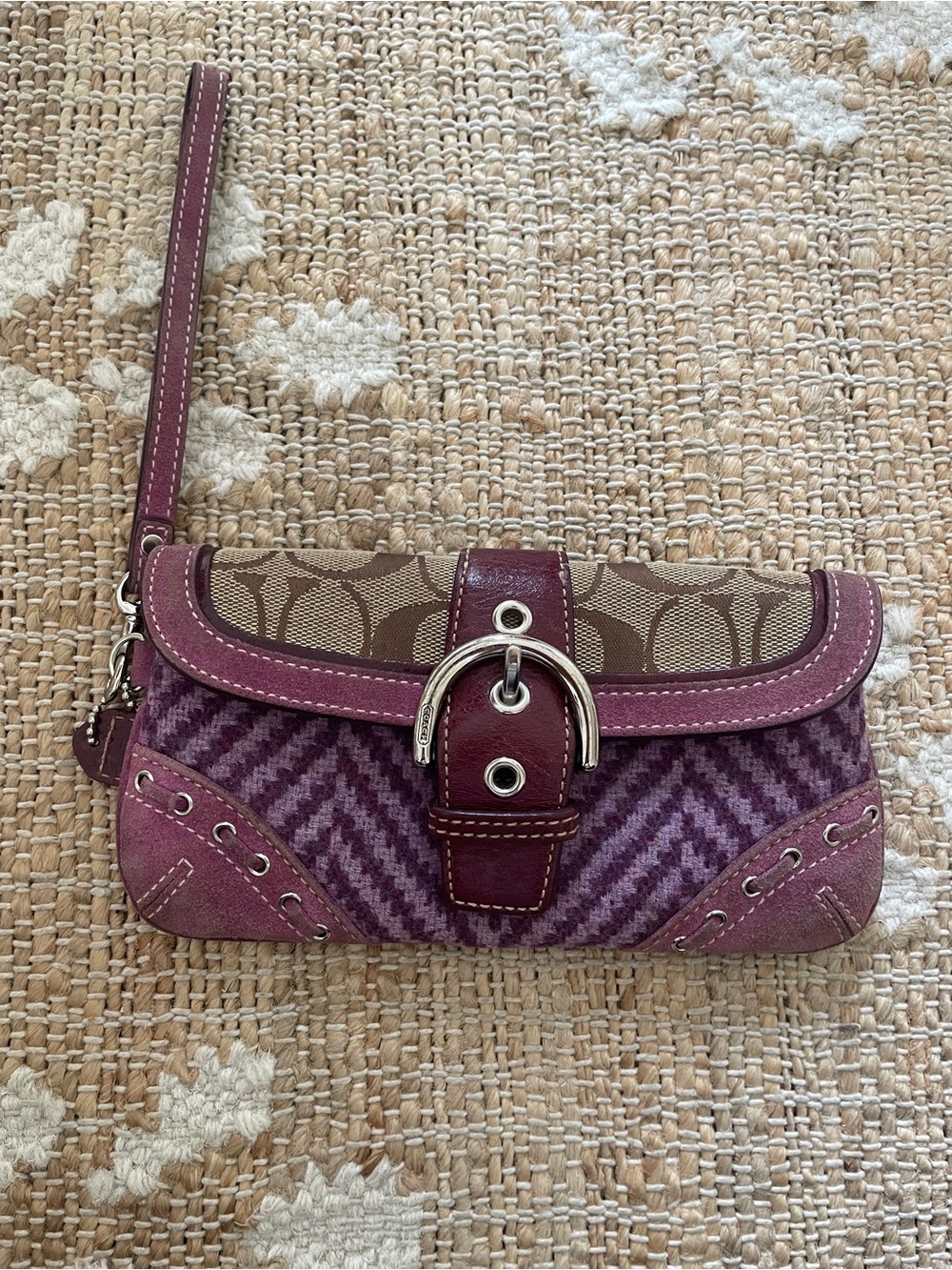 COACH Soho Signature Canvas Leather Mini Wallet Pouch Beige Brown Purple Rare